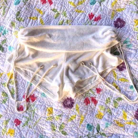 Indah Pants - Indah White French Terry Beach shorts with side ruching and Shells on sid…